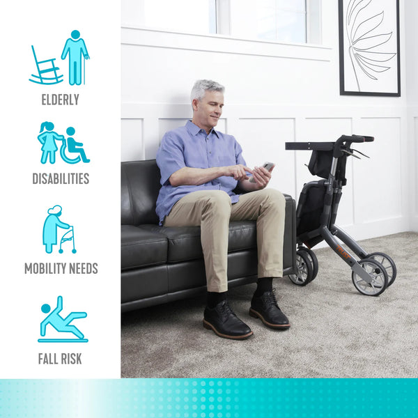 Let's Shop Rollator Walker with Seat, 6.5 Gallon Insulated Shopping Bag, 8-Inch Smooth Wheels, Lightweight Folding Mobility Cart with Removable Grocery Bag, 300 lbs Weight Capacity, Fully Assembled