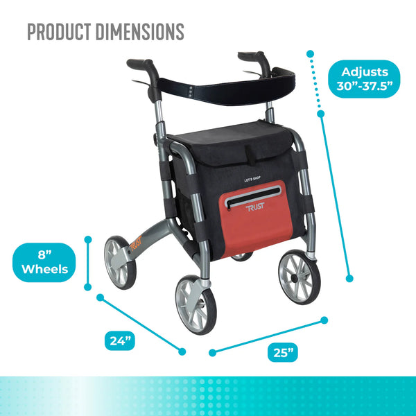 Let's Shop Rollator Walker with Seat, 6.5 Gallon Insulated Shopping Bag, 8-Inch Smooth Wheels, Lightweight Folding Mobility Cart with Removable Grocery Bag, 300 lbs Weight Capacity, Fully Assembled