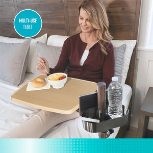 EZ Swivel Overbed Table with Adjustable Height, 360° Rotating Tray, Storage Pouch & Cup Holder – Multi-Purpose Bedside Table for Eating, Reading & Work – Steel Frame, Wooden Finish