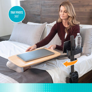 EZ Swivel Overbed Table with Adjustable Height, 360° Rotating Tray, Storage Pouch & Cup Holder – Multi-Purpose Bedside Table for Eating, Reading & Work – Steel Frame, Wooden Finish