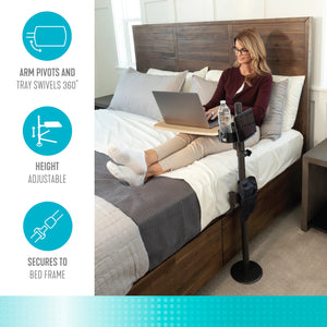 EZ Swivel Overbed Table with Adjustable Height, 360° Rotating Tray, Storage Pouch & Cup Holder – Multi-Purpose Bedside Table for Eating, Reading & Work – Steel Frame, Wooden Finish