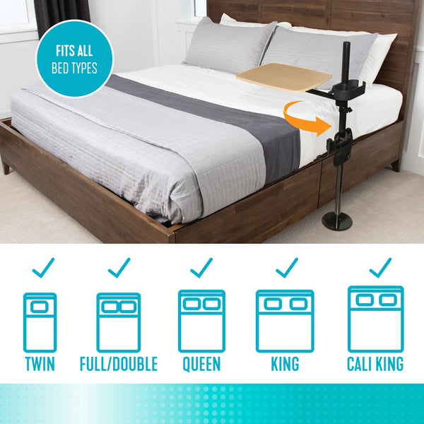 EZ Swivel Overbed Table with Adjustable Height, 360° Rotating Tray, Storage Pouch & Cup Holder – Multi-Purpose Bedside Table for Eating, Reading & Work – Steel Frame, Wooden Finish