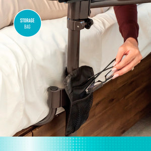 EZ Swivel Overbed Table with Adjustable Height, 360° Rotating Tray, Storage Pouch & Cup Holder – Multi-Purpose Bedside Table for Eating, Reading & Work – Steel Frame, Wooden Finish