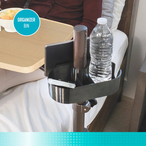 EZ Swivel Overbed Table with Adjustable Height, 360° Rotating Tray, Storage Pouch & Cup Holder – Multi-Purpose Bedside Table for Eating, Reading & Work – Steel Frame, Wooden Finish