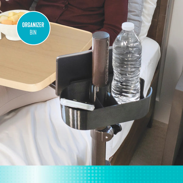 EZ Swivel Overbed Table with Adjustable Height, 360° Rotating Tray, Storage Pouch & Cup Holder – Multi-Purpose Bedside Table for Eating, Reading & Work – Steel Frame, Wooden Finish