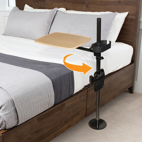 EZ Swivel Overbed Table with Adjustable Height, 360° Rotating Tray, Storage Pouch & Cup Holder – Multi-Purpose Bedside Table for Eating, Reading & Work – Steel Frame, Wooden Finish