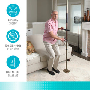 Wonder Pole Premium Adjustable Floor-to-Ceiling Safety Support Pole with Dual Grab Bars, Tension Mounted Stand Assist Handrail for Bathroom & Home, 7’–10’ Height, 300 lbs Capacity