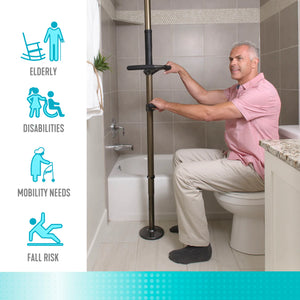 Wonder Pole Premium Adjustable Floor-to-Ceiling Safety Support Pole with Dual Grab Bars, Tension Mounted Stand Assist Handrail for Bathroom & Home, 7’–10’ Height, 300 lbs Capacity