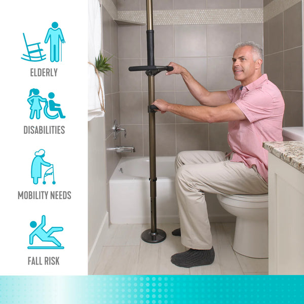 Wonder Pole Premium Adjustable Floor-to-Ceiling Safety Support Pole with Dual Grab Bars, Tension Mounted Stand Assist Handrail for Bathroom & Home, 7’–10’ Height, 300 lbs Capacity