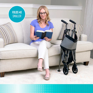Elite Travel Walker – Ultra Lightweight 8 lb Compact Folding Walker with 300 lb Capacity, 4x Smaller Fold Design, Dual Size Options, 6” Swivel Wheels, Basket & Storage Pouch for Travel & Daily Mobility