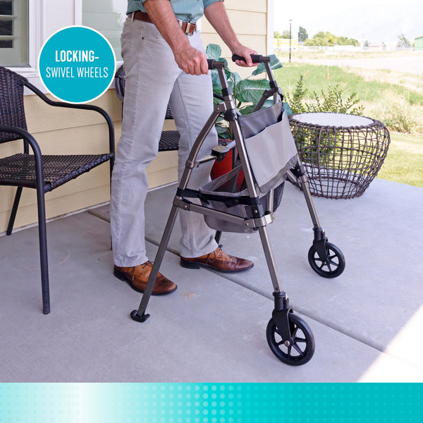 Elite Travel Walker – Ultra Lightweight 8 lb Compact Folding Walker with 300 lb Capacity, 4x Smaller Fold Design, Dual Size Options, 6” Swivel Wheels, Basket & Storage Pouch for Travel & Daily Mobility