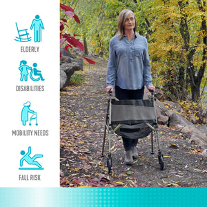 Elite Travel Walker – Ultra Lightweight 8 lb Compact Folding Walker with 300 lb Capacity, 4x Smaller Fold Design, Dual Size Options, 6” Swivel Wheels, Basket & Storage Pouch for Travel & Daily Mobility
