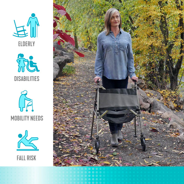 Elite Travel Walker – Ultra Lightweight 8 lb Compact Folding Walker with 300 lb Capacity, 4x Smaller Fold Design, Dual Size Options, 6” Swivel Wheels, Basket & Storage Pouch for Travel & Daily Mobility