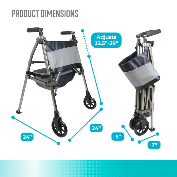 Elite Travel Walker – Ultra Lightweight 8 lb Compact Folding Walker with 300 lb Capacity, 4x Smaller Fold Design, Dual Size Options, 6” Swivel Wheels, Basket & Storage Pouch for Travel & Daily Mobility