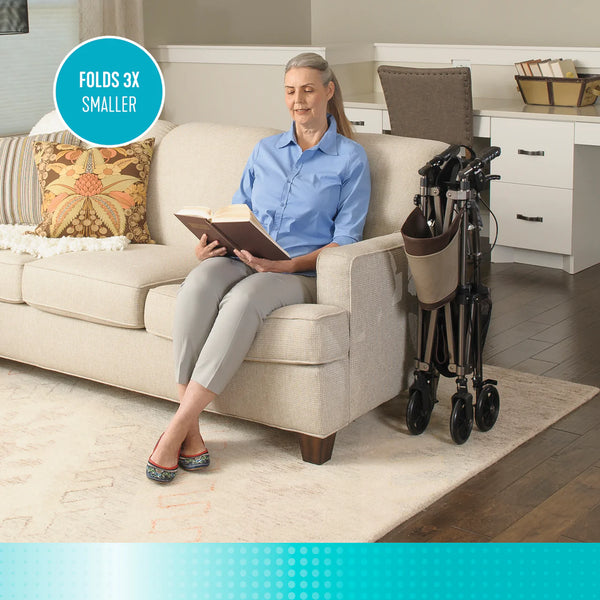Elite Travel Compact Folding Rollator Walker with Seat and Backrest, Ultra-Lightweight Mobility Aid with 6” Wheels, Locking Brakes, Storage Basket and Pouch – Supports up to 250 lbs