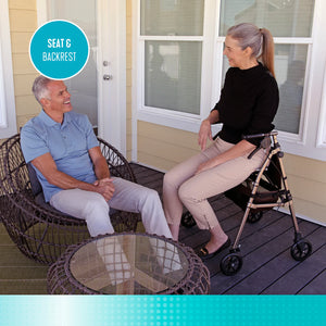 Elite Travel Compact Folding Rollator Walker with Seat and Backrest, Ultra-Lightweight Mobility Aid with 6” Wheels, Locking Brakes, Storage Basket and Pouch – Supports up to 250 lbs