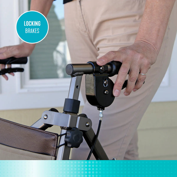 Elite Travel Compact Folding Rollator Walker with Seat and Backrest, Ultra-Lightweight Mobility Aid with 6” Wheels, Locking Brakes, Storage Basket and Pouch – Supports up to 250 lbs