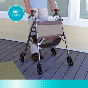 Elite Travel Compact Folding Rollator Walker with Seat and Backrest, Ultra-Lightweight Mobility Aid with 6” Wheels, Locking Brakes, Storage Basket and Pouch – Supports up to 250 lbs