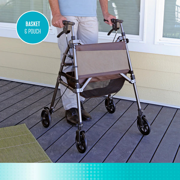 Elite Travel Compact Folding Rollator Walker with Seat and Backrest, Ultra-Lightweight Mobility Aid with 6” Wheels, Locking Brakes, Storage Basket and Pouch – Supports up to 250 lbs