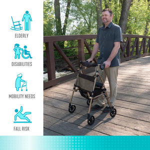Elite Travel Compact Folding Rollator Walker with Seat and Backrest, Ultra-Lightweight Mobility Aid with 6” Wheels, Locking Brakes, Storage Basket and Pouch – Supports up to 250 lbs