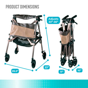 Elite Travel Compact Folding Rollator Walker with Seat and Backrest, Ultra-Lightweight Mobility Aid with 6” Wheels, Locking Brakes, Storage Basket and Pouch – Supports up to 250 lbs