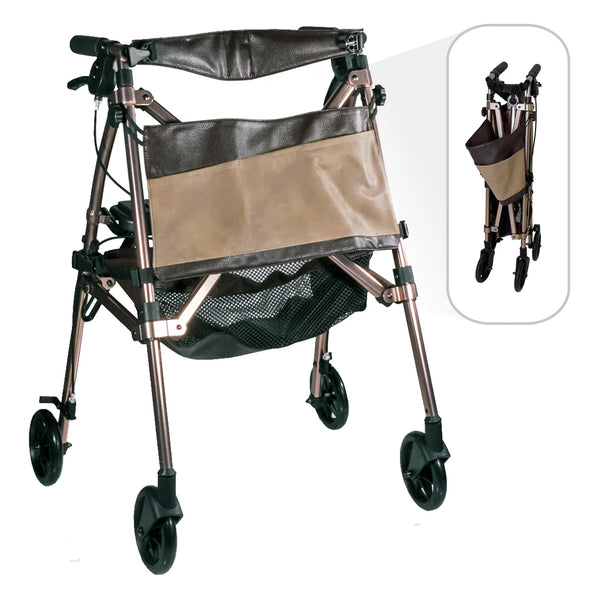 Elite Travel Compact Folding Rollator Walker with Seat and Backrest, Ultra-Lightweight Mobility Aid with 6” Wheels, Locking Brakes, Storage Basket and Pouch – Supports up to 250 lbs