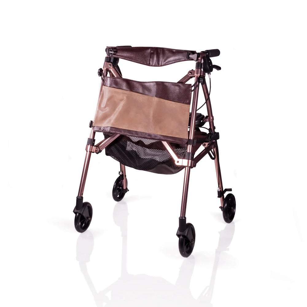Elite Travel Compact Folding Rollator Walker with Seat and Backrest, Ultra-Lightweight Mobility Aid with 6” Wheels, Locking Brakes, Storage Basket and Pouch – Supports up to 250 lbs