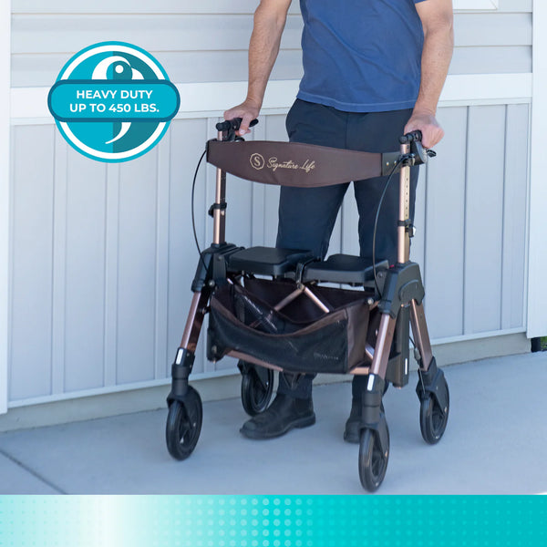 Elite Travel HD Bariatric Rollator Walker with Seat – Heavy Duty Foldable Mobility Walker, 450 lbs Capacity, 8” Wheels, Adjustable Height 31”–38.25”, Compact Travel Design, Champagne Gold