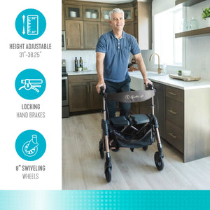 Elite Travel HD Bariatric Rollator Walker with Seat – Heavy Duty Foldable Mobility Walker, 450 lbs Capacity, 8” Wheels, Adjustable Height 31”–38.25”, Compact Travel Design, Champagne Gold