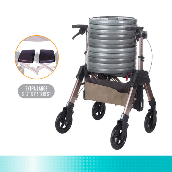 Elite Travel HD Bariatric Rollator Walker with Seat – Heavy Duty Foldable Mobility Walker, 450 lbs Capacity, 8” Wheels, Adjustable Height 31”–38.25”, Compact Travel Design, Champagne Gold