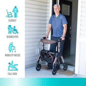 Elite Travel HD Bariatric Rollator Walker with Seat – Heavy Duty Foldable Mobility Walker, 450 lbs Capacity, 8” Wheels, Adjustable Height 31”–38.25”, Compact Travel Design, Champagne Gold