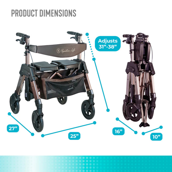 Elite Travel HD Bariatric Rollator Walker with Seat – Heavy Duty Foldable Mobility Walker, 450 lbs Capacity, 8” Wheels, Adjustable Height 31”–38.25”, Compact Travel Design, Champagne Gold