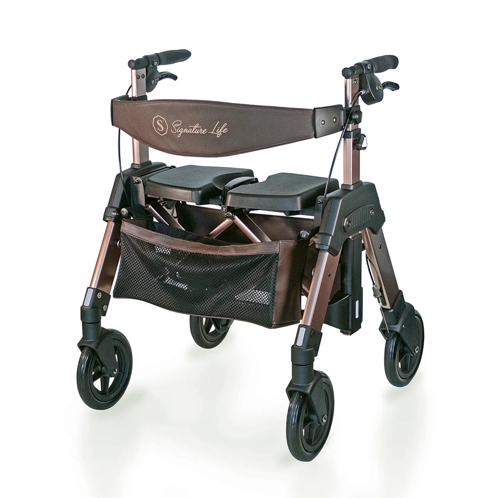 Elite Travel HD Bariatric Rollator Walker with Seat – Heavy Duty Foldable Mobility Walker, 450 lbs Capacity, 8” Wheels, Adjustable Height 31”–38.25”, Compact Travel Design, Champagne Gold