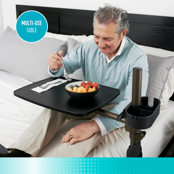 Freedom Overbed Table – Adjustable Height Swivel Bedside Table with 360° Rotating Tray, Cup Holder & Storage Pouch, Heavy-Duty Steel Frame, Multi-Use Laptop & Dining Table for Home Care & Bedroom