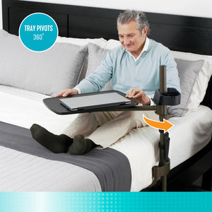 Freedom Overbed Table – Adjustable Height Swivel Bedside Table with 360° Rotating Tray, Cup Holder & Storage Pouch, Heavy-Duty Steel Frame, Multi-Use Laptop & Dining Table for Home Care & Bedroom