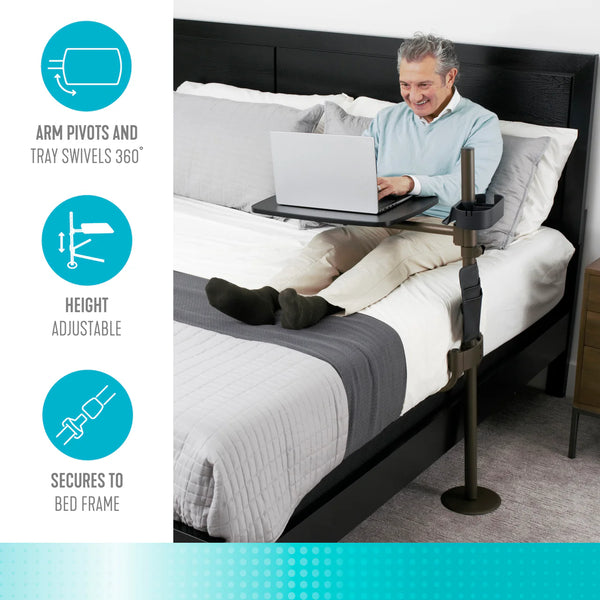 Freedom Overbed Table – Adjustable Height Swivel Bedside Table with 360° Rotating Tray, Cup Holder & Storage Pouch, Heavy-Duty Steel Frame, Multi-Use Laptop & Dining Table for Home Care & Bedroom