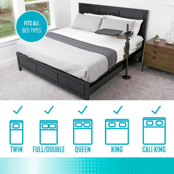 Freedom Overbed Table – Adjustable Height Swivel Bedside Table with 360° Rotating Tray, Cup Holder & Storage Pouch, Heavy-Duty Steel Frame, Multi-Use Laptop & Dining Table for Home Care & Bedroom