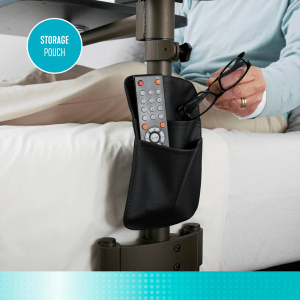 Freedom Overbed Table – Adjustable Height Swivel Bedside Table with 360° Rotating Tray, Cup Holder & Storage Pouch, Heavy-Duty Steel Frame, Multi-Use Laptop & Dining Table for Home Care & Bedroom