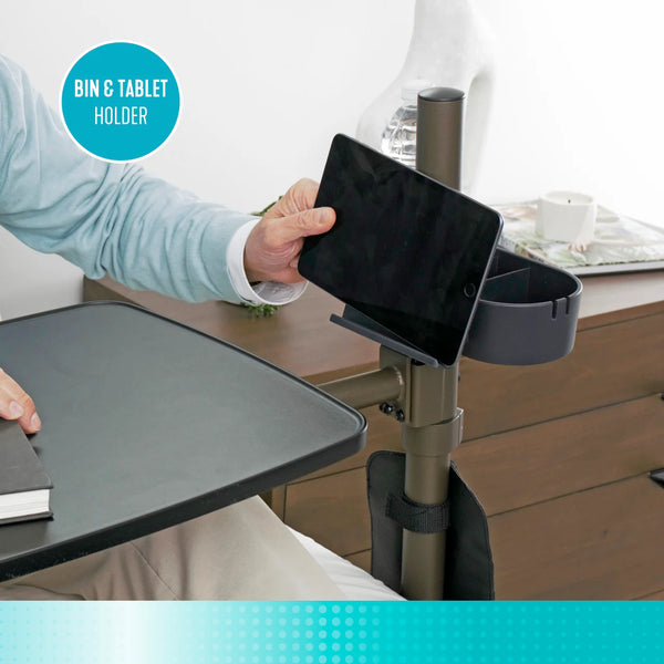Freedom Overbed Table – Adjustable Height Swivel Bedside Table with 360° Rotating Tray, Cup Holder & Storage Pouch, Heavy-Duty Steel Frame, Multi-Use Laptop & Dining Table for Home Care & Bedroom