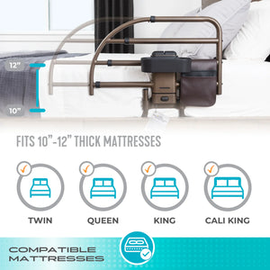 Wonder Click Extendable Bed Rail – Premium Adjustable Safety Bed Assist Rail with Curved Support Handle, EZ Click Detachable System, Storage Pouch & Cup Holder, Fits 10–12" Mattresses