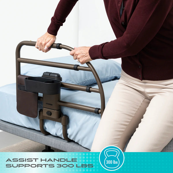 Wonder Click Extendable Bed Rail – Premium Adjustable Safety Bed Assist Rail with Curved Support Handle, EZ Click Detachable System, Storage Pouch & Cup Holder, Fits 10–12" Mattresses