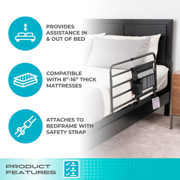 Wonder Pivot Bed Rail Tall – Adjustable Fold-Down Bed Safety Rail with Assist Handle, Fits Mattresses 8–16 Inches, Heavy Duty Steel Frame, 300 lb Capacity, Black