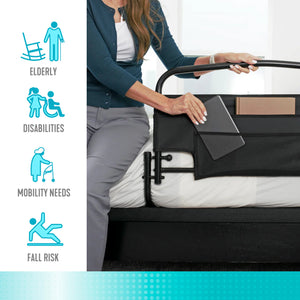 30'' Safety Bed Rail for Elderly Adults with Padded Pouch, Foldable Support Handle, 300 lbs Heavy Duty Bed Assist Rail, Fall Prevention Bed Guard with Easy Installation Strap