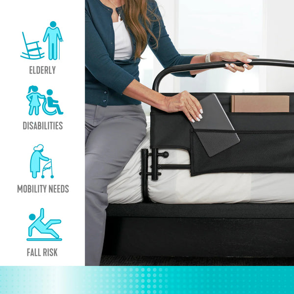 30'' Safety Bed Rail for Elderly Adults with Padded Pouch, Foldable Support Handle, 300 lbs Heavy Duty Bed Assist Rail, Fall Prevention Bed Guard with Easy Installation Strap