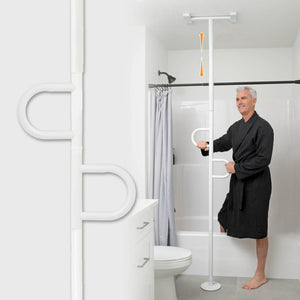 Double Handle Floor-to-Ceiling Grab Bar – Adjustable Safety Support Pole for Elderly & Mobility Assistance, Tension Mounted Stand Assist Rail, No-Drill Installation, 300 lbs Capacity