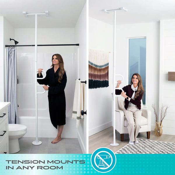 Double Handle Floor-to-Ceiling Grab Bar – Adjustable Safety Support Pole for Elderly & Mobility Assistance, Tension Mounted Stand Assist Rail, No-Drill Installation, 300 lbs Capacity