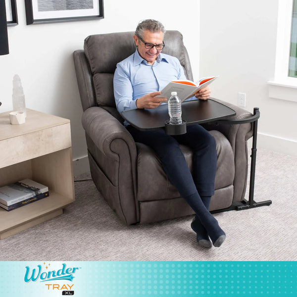 Wonder Tray XL Adjustable Overbed & Couch Tray Table – Swivel Arm TV Dinner Stand with Cup Holder, Laptop Support Wedges, Height Adjustable Rolling Side Table for Sofa, Bed & Recliner