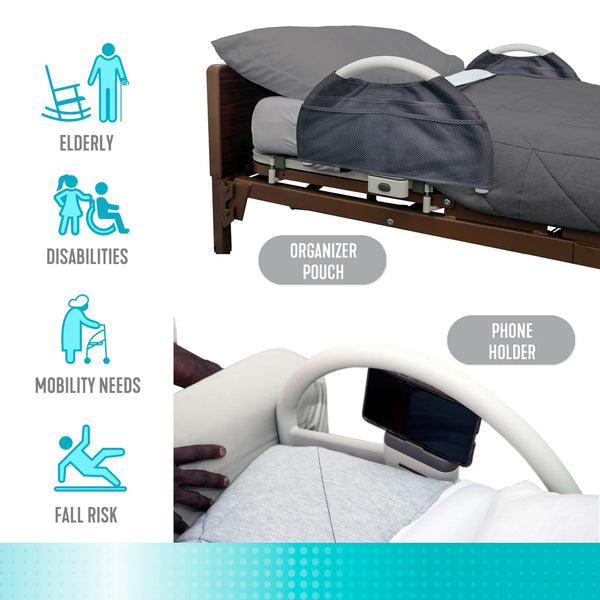 EZ Click LTC Bed Handle Set of 2 for Hospital Beds, Heavy-Duty Safety Assist Rails, 500 lb Capacity, EZ Release Button, Organizer Pouch, Steel Support Handles for Safe Bed Transfers