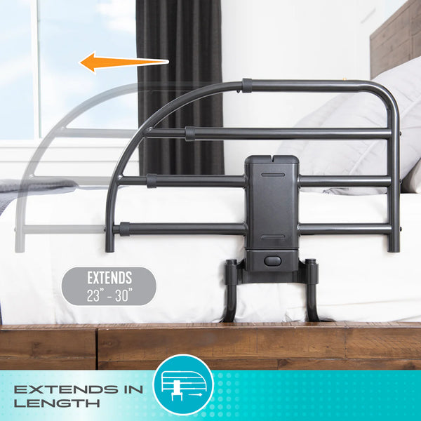 Click-N-Go Extendable Bed Rail – Adjustable Safety Bed Guard with Support Handle, Fall Prevention Protection, Easy Click Release System, Steel Frame for Traditional & Adjustable Beds
