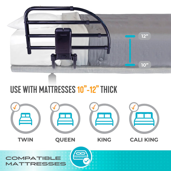 Click-N-Go Extendable Bed Rail – Adjustable Safety Bed Guard with Support Handle, Fall Prevention Protection, Easy Click Release System, Steel Frame for Traditional & Adjustable Beds